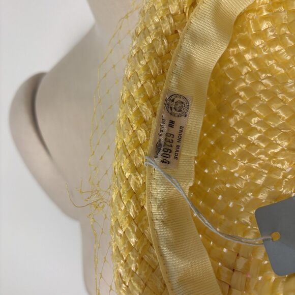 VTG 1940s 1950s Veiled Straw Woven Yellow Hat Headpiece Netting Union Made - Picture 3 of 5